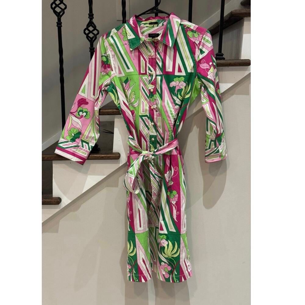 Talbots Pink Green Geometric Floral Belted Shirt Dress Size 6 Retro Mod